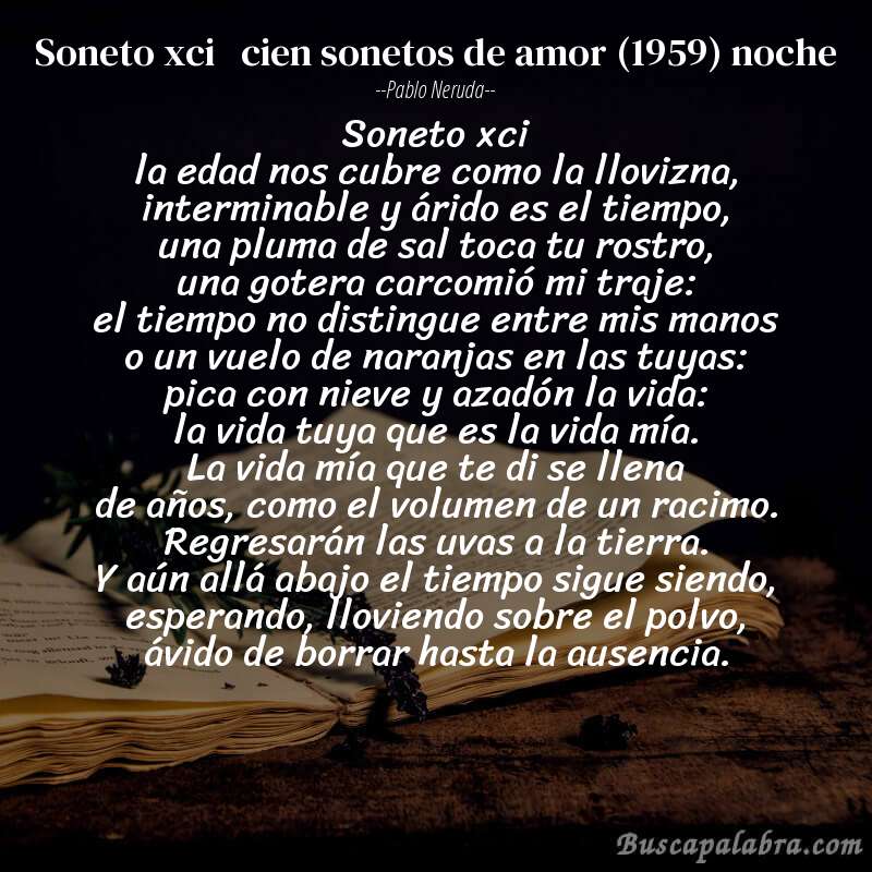 Poema soneto xci   cien sonetos de amor (1959) noche de Pablo Neruda con fondo de libro