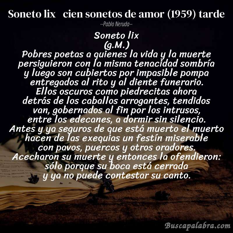 Poema soneto lix   cien sonetos de amor (1959) tarde de Pablo Neruda con fondo de libro