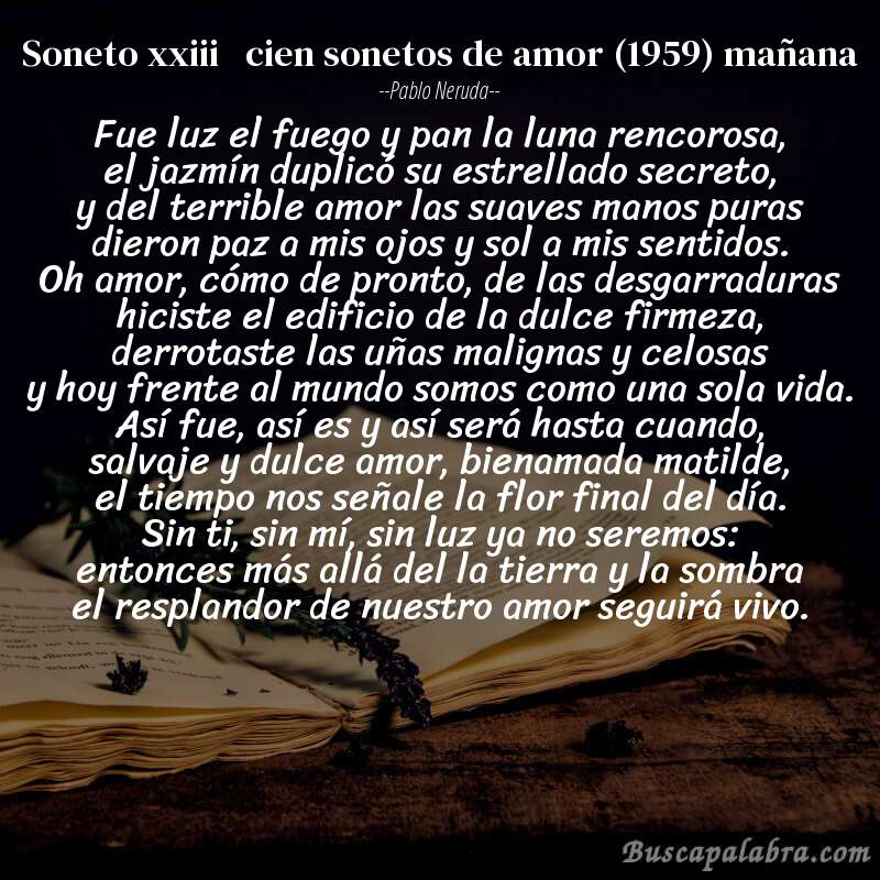 Poema soneto xxiii   cien sonetos de amor (1959) mañana de Pablo Neruda con fondo de libro