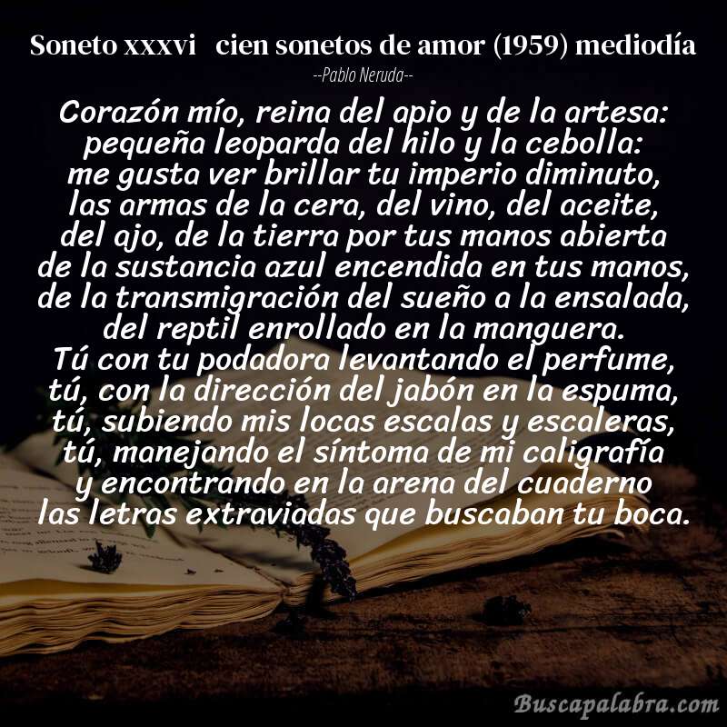 Poema soneto xxxvi   cien sonetos de amor (1959) mediodía de Pablo Neruda con fondo de libro