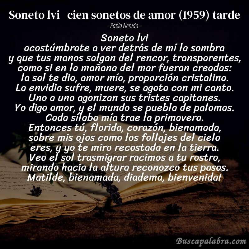 Poema soneto lvi   cien sonetos de amor (1959) tarde de Pablo Neruda con fondo de libro