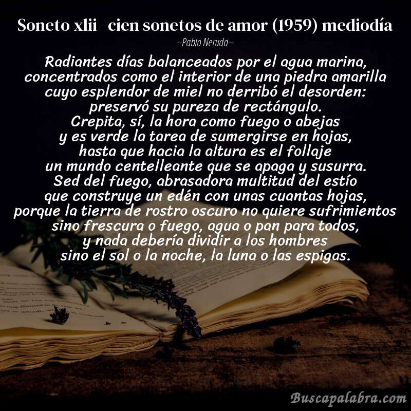Poema soneto xlii   cien sonetos de amor (1959) mediodía de Pablo Neruda con fondo de libro