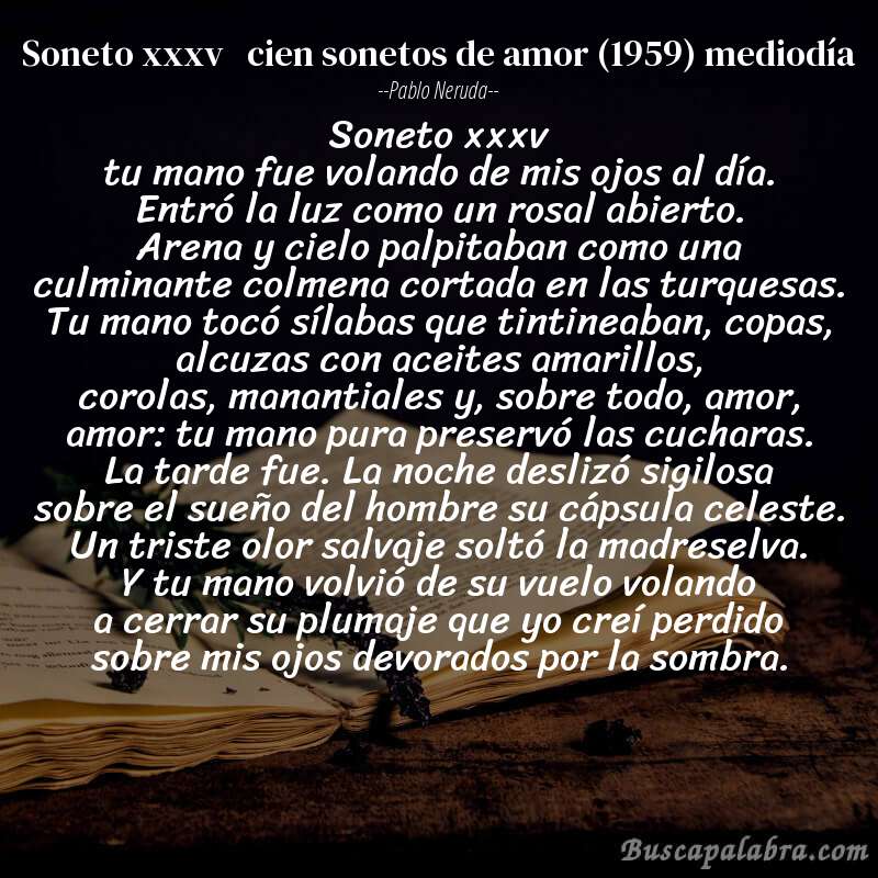 Poema soneto xxxv   cien sonetos de amor (1959) mediodía de Pablo Neruda con fondo de libro