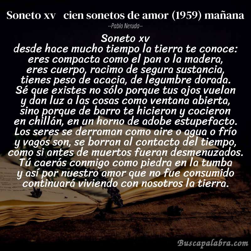 Poema soneto xv   cien sonetos de amor (1959) mañana de Pablo Neruda con fondo de libro