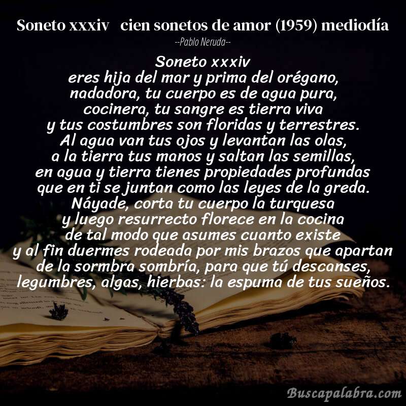 Poema soneto xxxiv   cien sonetos de amor (1959) mediodía de Pablo Neruda con fondo de libro