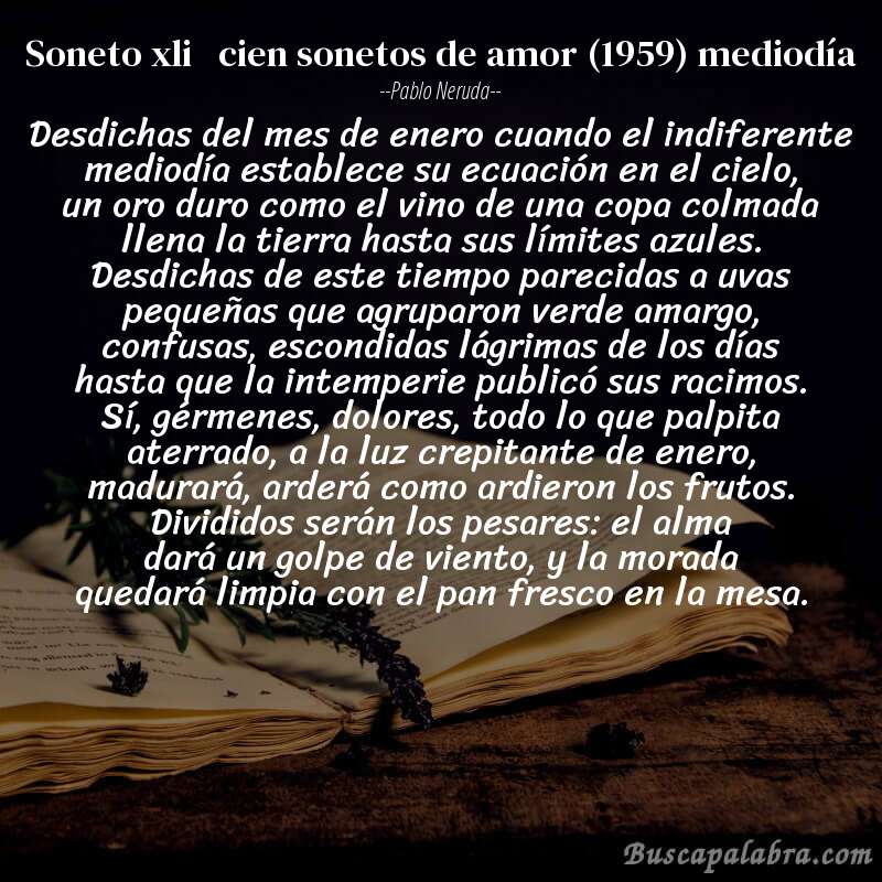 Poema soneto xli   cien sonetos de amor (1959) mediodía de Pablo Neruda con fondo de libro