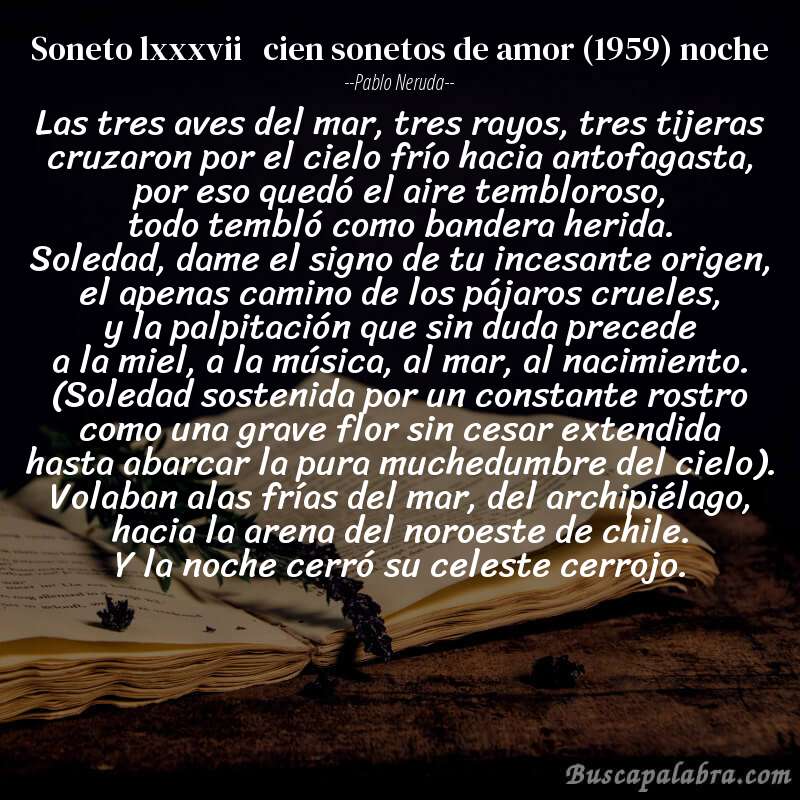 Poema soneto lxxxvii   cien sonetos de amor (1959) noche de Pablo Neruda con fondo de libro