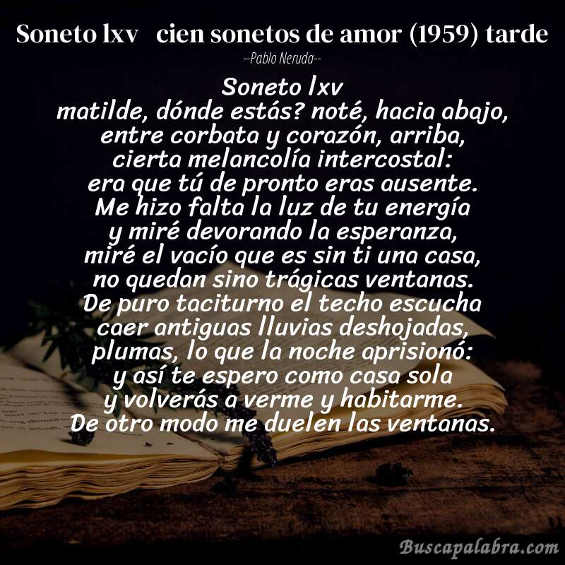 Poema soneto lxv   cien sonetos de amor (1959) tarde de Pablo Neruda con fondo de libro