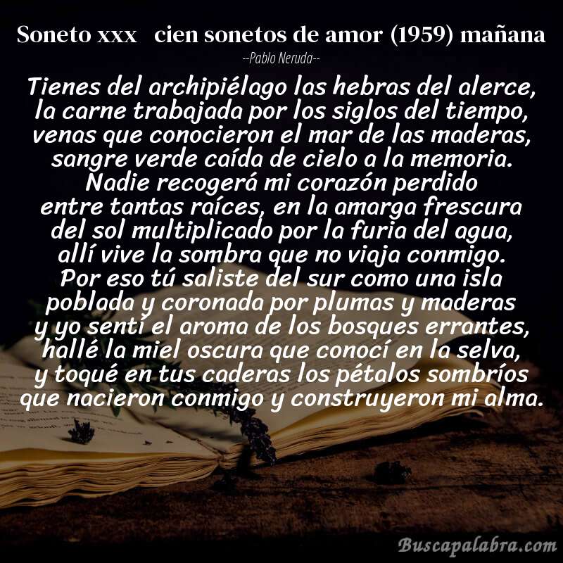 Poema soneto xxx   cien sonetos de amor (1959) mañana de Pablo Neruda con fondo de libro