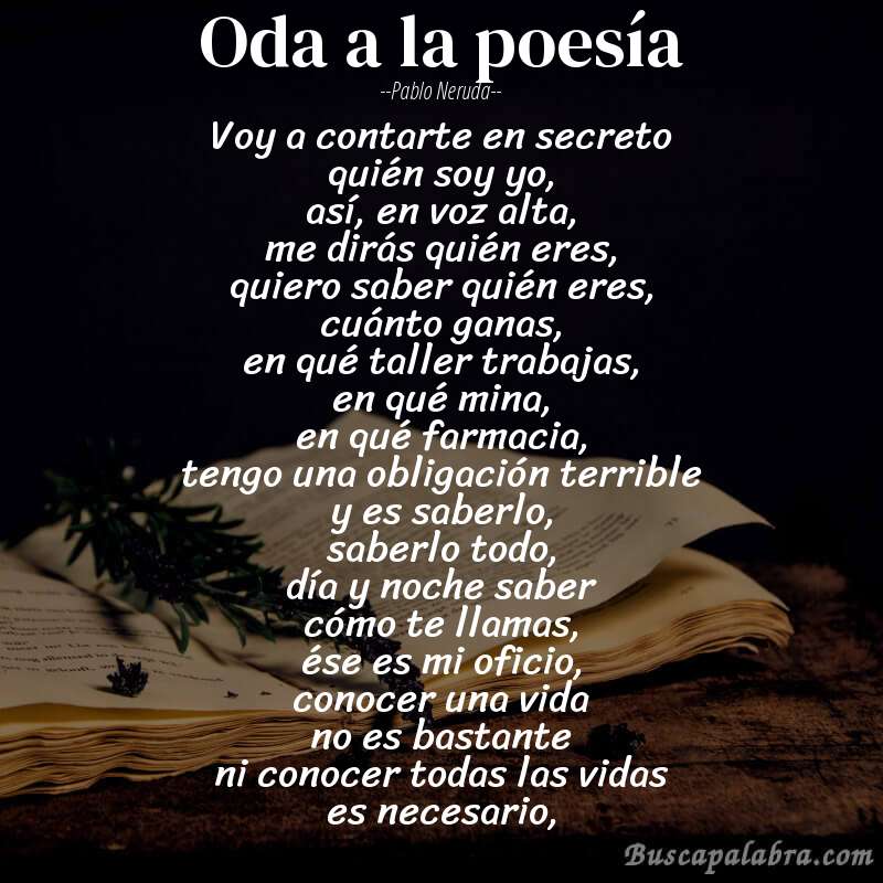 Poema oda a la poesía de Pablo Neruda con fondo de libro