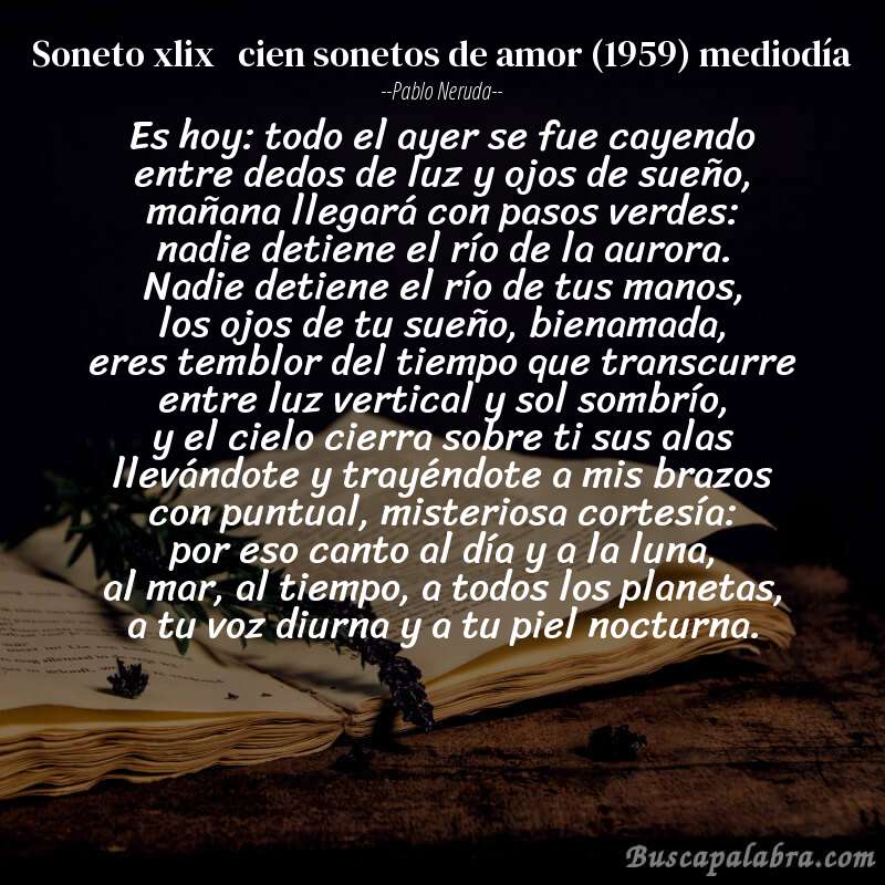 Poema soneto xlix   cien sonetos de amor (1959) mediodía de Pablo Neruda con fondo de libro