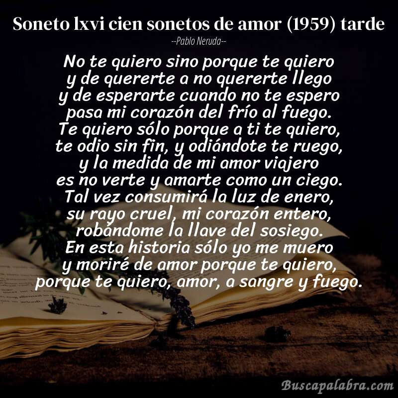 Poema soneto lxvi cien sonetos de amor (1959) tarde de Pablo Neruda con fondo de libro