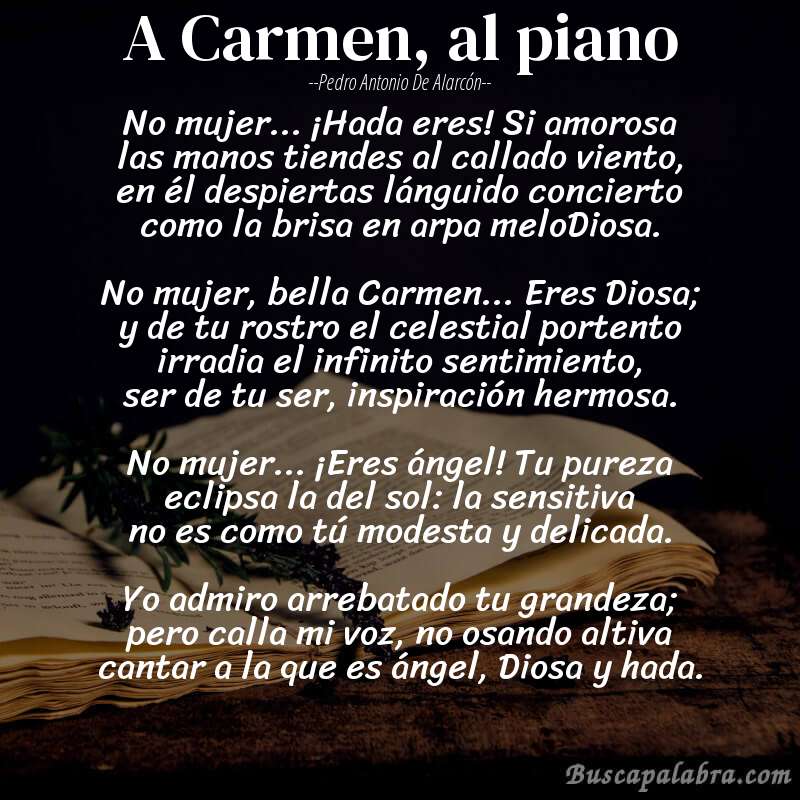 Poema A Carmen, al piano de Pedro Antonio de Alarcón con fondo de libro