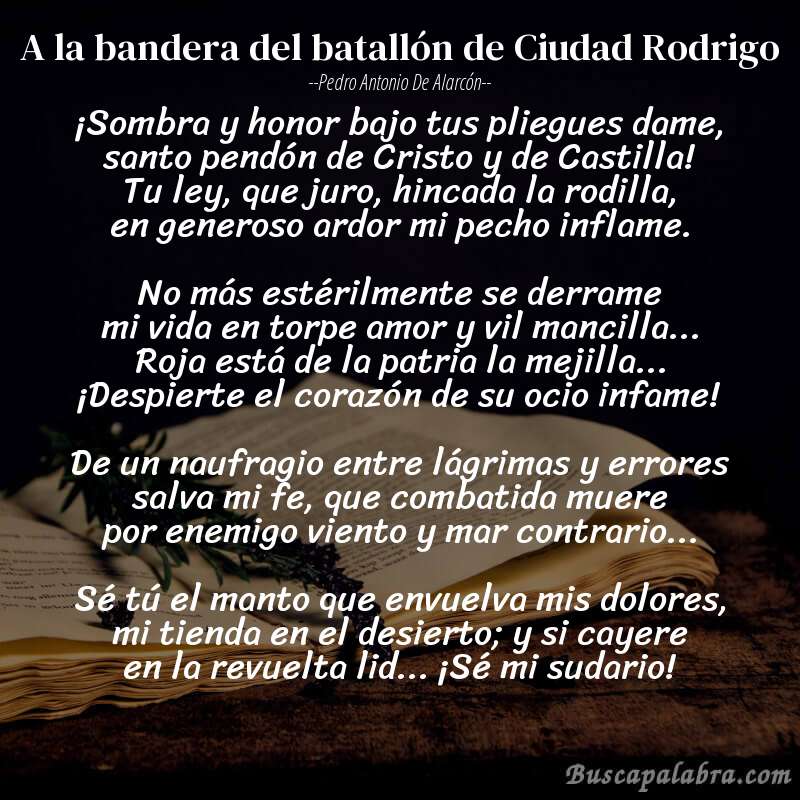 Poema A la bandera del batallón de Ciudad Rodrigo de Pedro Antonio de Alarcón con fondo de libro