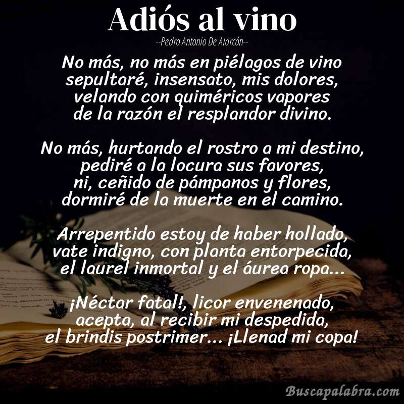 Poema Adiós al vino de Pedro Antonio de Alarcón con fondo de libro