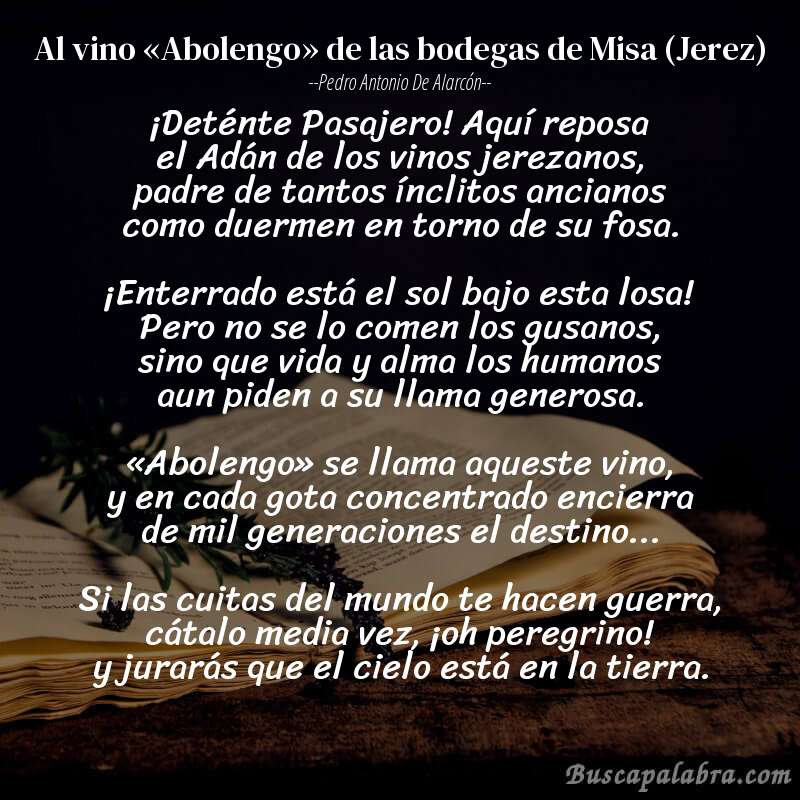 Poema Al vino «Abolengo» de las bodegas de Misa (Jerez) de Pedro Antonio de Alarcón con fondo de libro