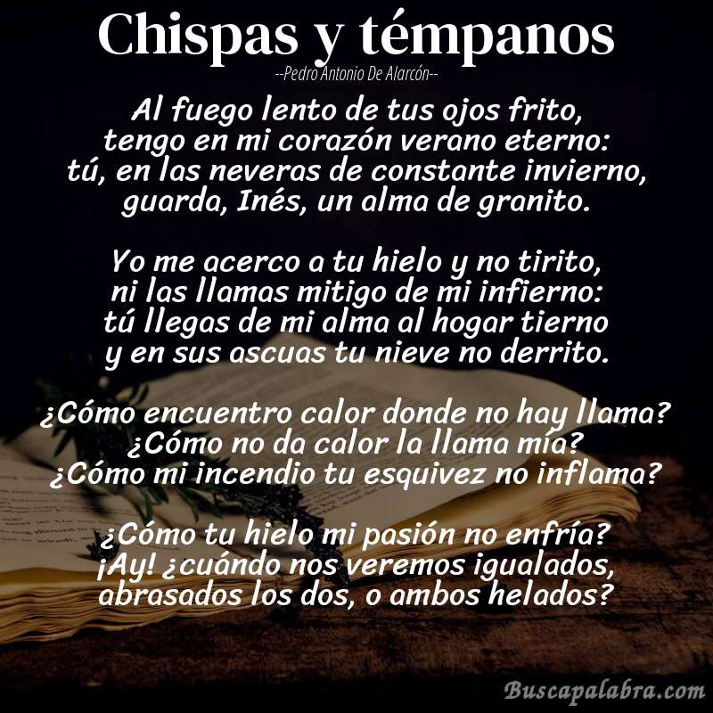 Poema Chispas y témpanos de Pedro Antonio de Alarcón con fondo de libro