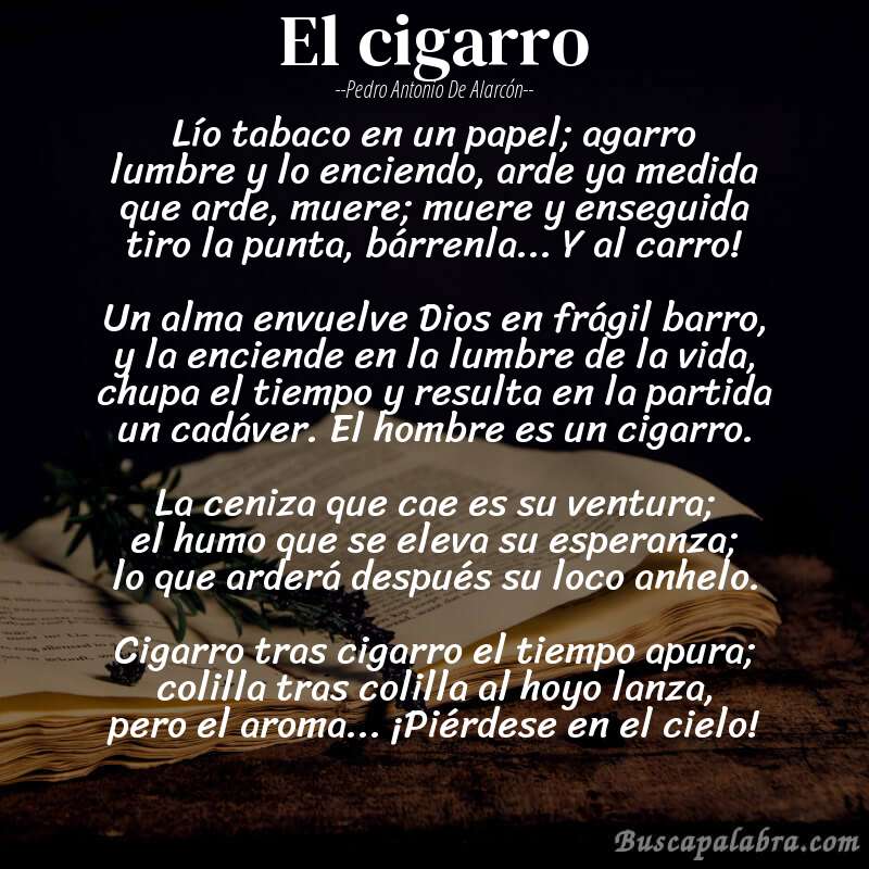 Poema El cigarro de Pedro Antonio de Alarcón con fondo de libro
