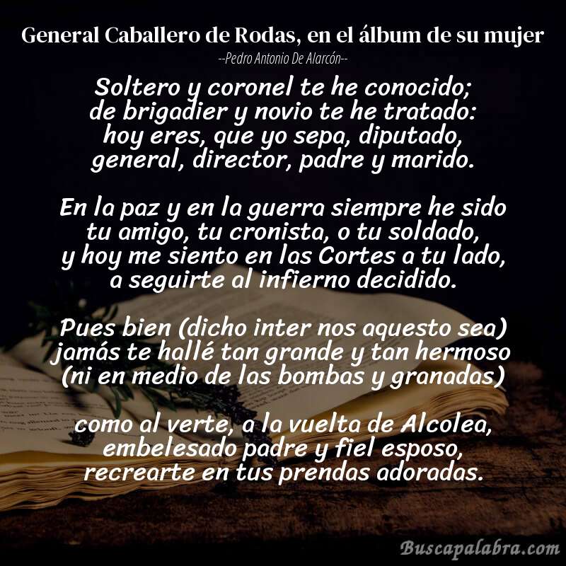 Poema General Caballero de Rodas, en el álbum de su mujer de Pedro Antonio de Alarcón con fondo de libro