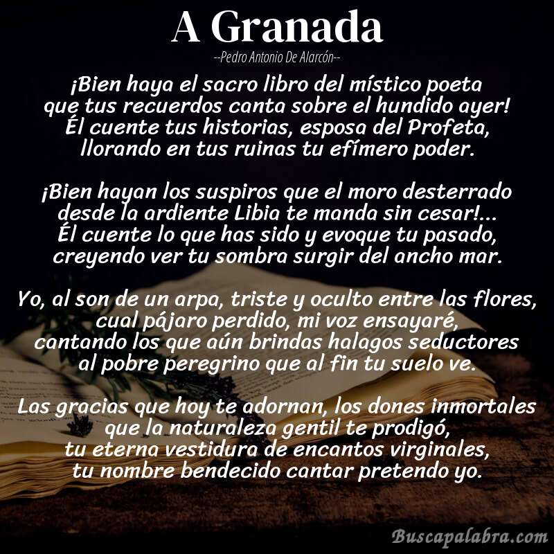 Poema A Granada de Pedro Antonio de Alarcón con fondo de libro