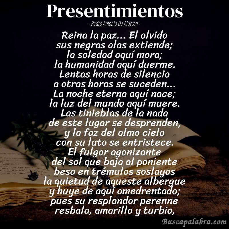 Poema Presentimientos de Pedro Antonio de Alarcón con fondo de libro