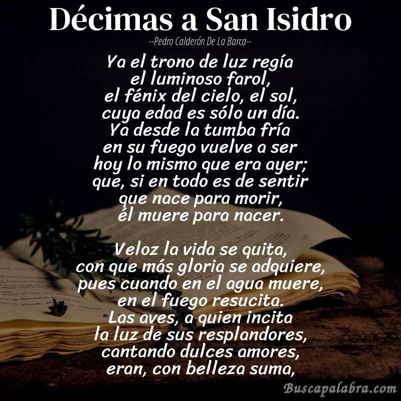 Poema Décimas a San Isidro de Pedro Calderón de la Barca con fondo de libro