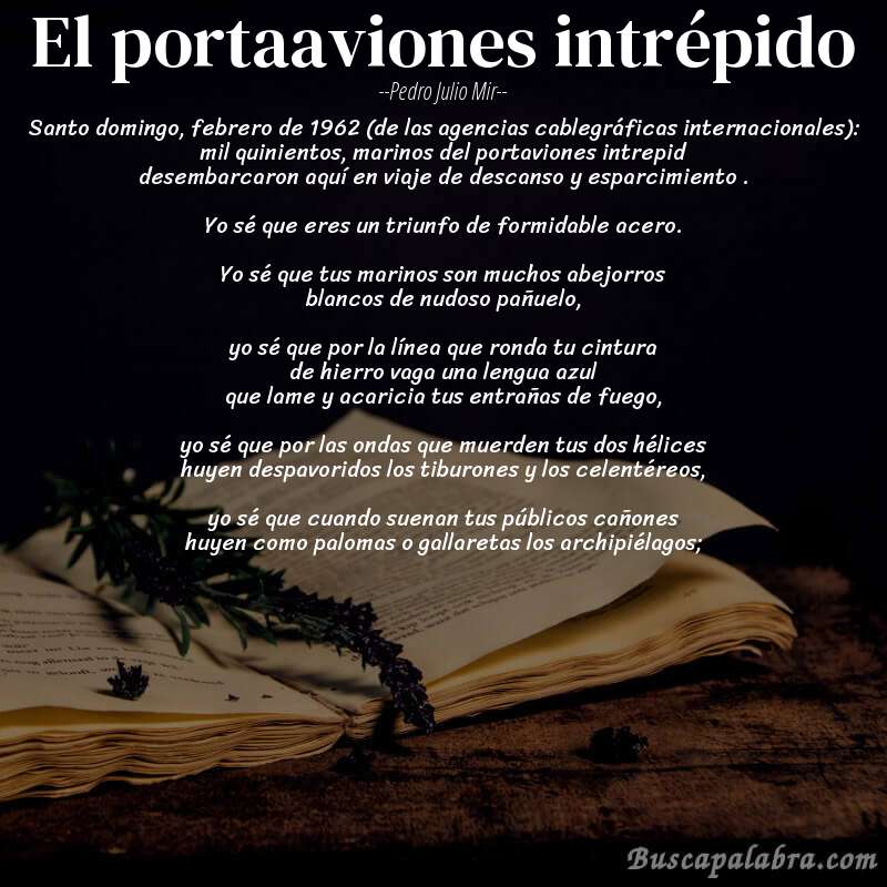 Poema el portaaviones intrépido de Pedro Julio Mir con fondo de libro