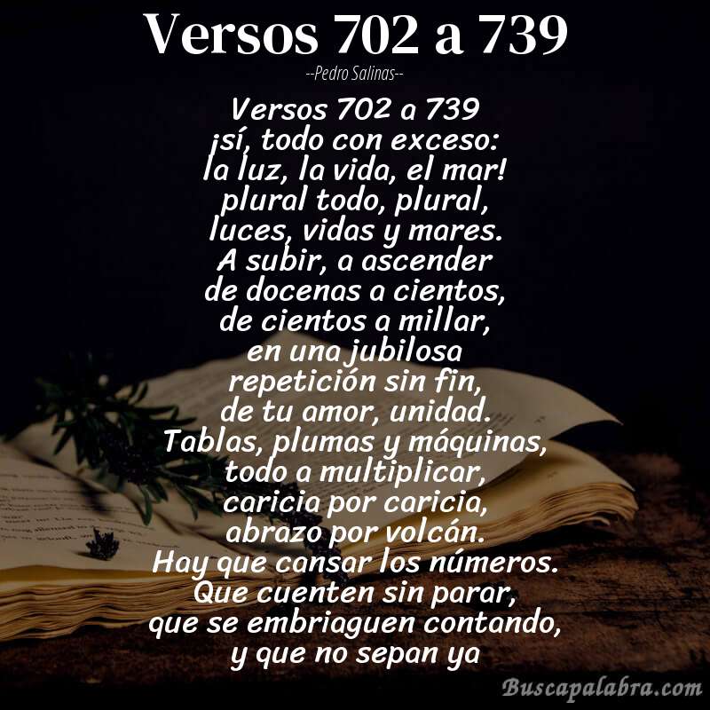 Poema versos 702 a 739 de Pedro Salinas con fondo de libro