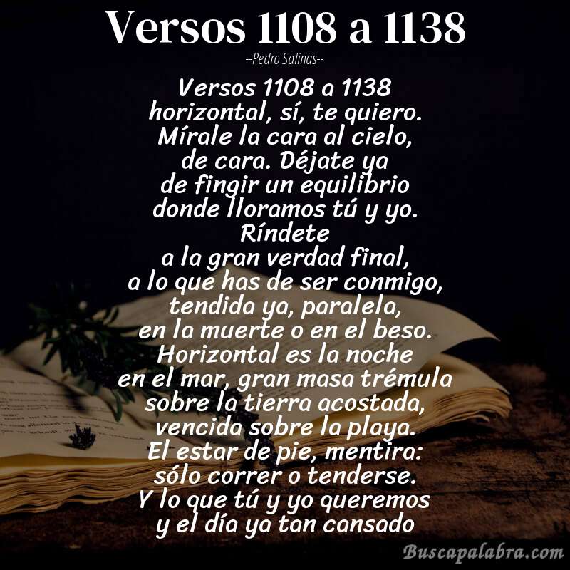 Poema versos 1108 a 1138 de Pedro Salinas con fondo de libro