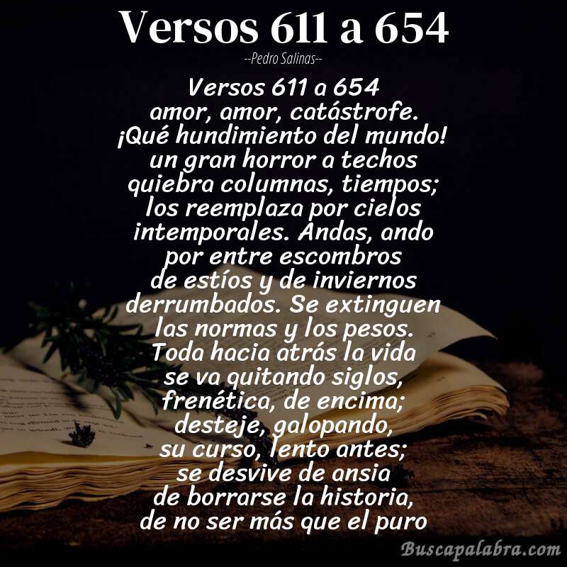 Poema versos 611 a 654 de Pedro Salinas con fondo de libro