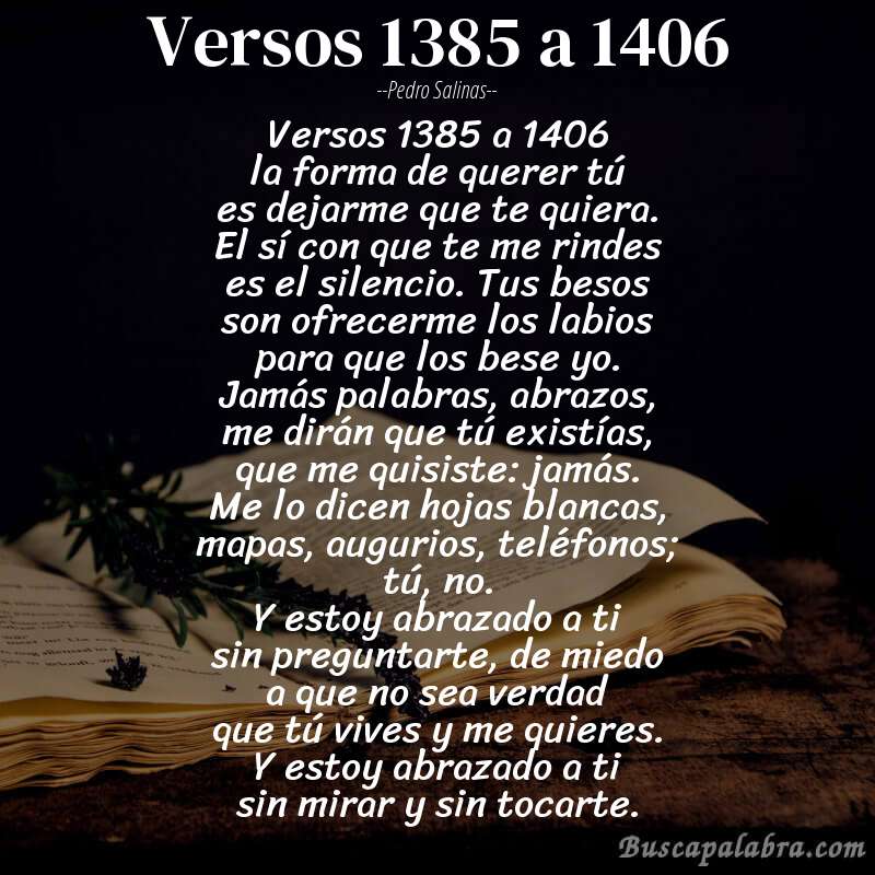 Poema versos 1385 a 1406 de Pedro Salinas con fondo de libro