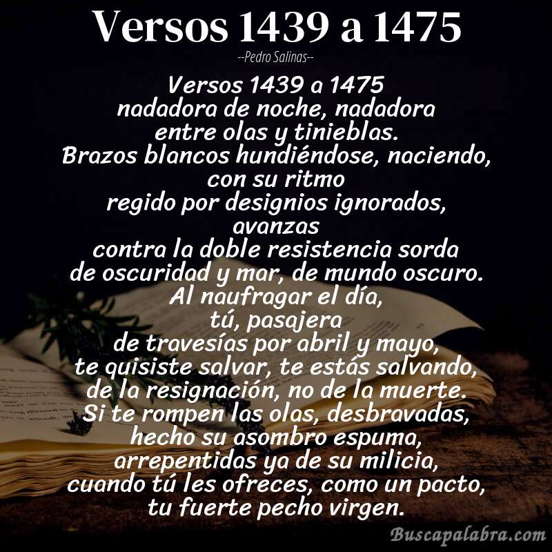 Poema versos 1439 a 1475 de Pedro Salinas con fondo de libro