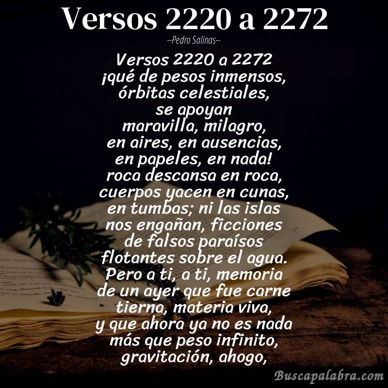 Poema versos 2220 a 2272 de Pedro Salinas con fondo de libro