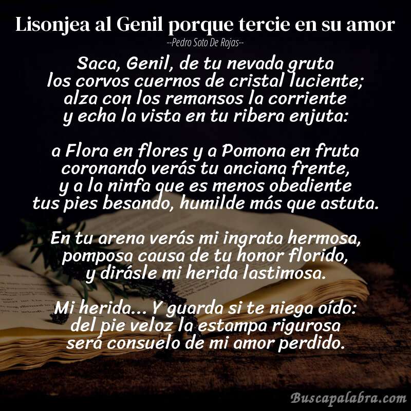 Poema Lisonjea al Genil porque tercie en su amor de Pedro Soto de Rojas con fondo de libro