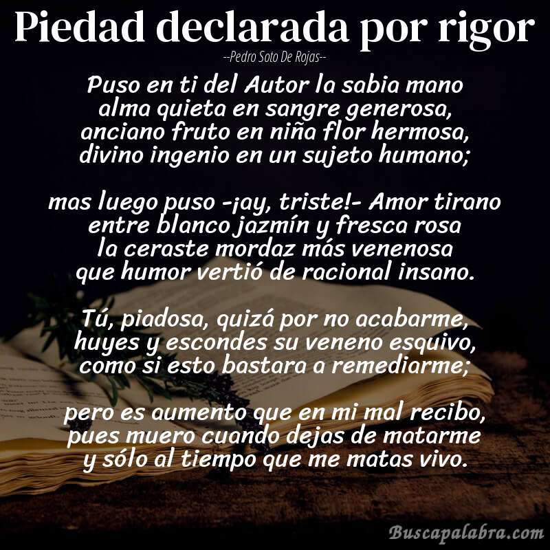 Poema Piedad declarada por rigor de Pedro Soto de Rojas con fondo de libro