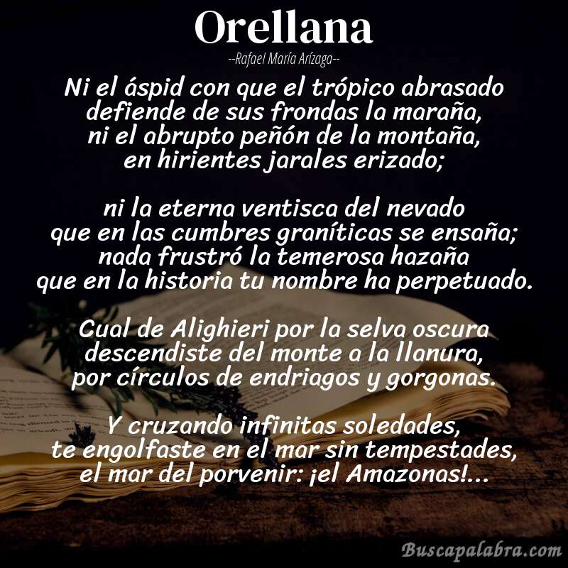 Poema Orellana de Rafael María Arízaga con fondo de libro
