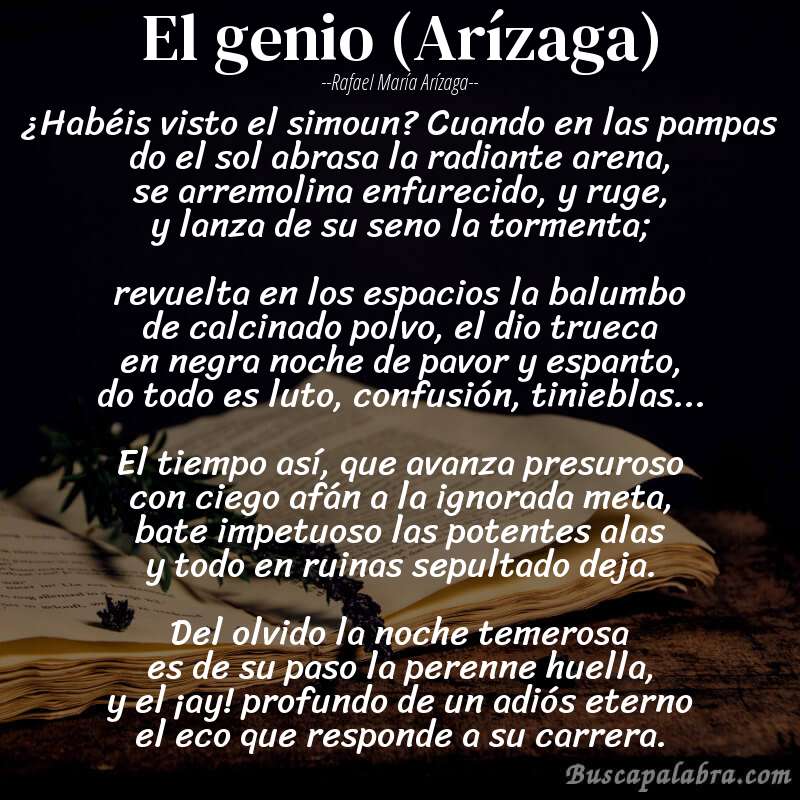 Poema El genio (Arízaga) de Rafael María Arízaga con fondo de libro