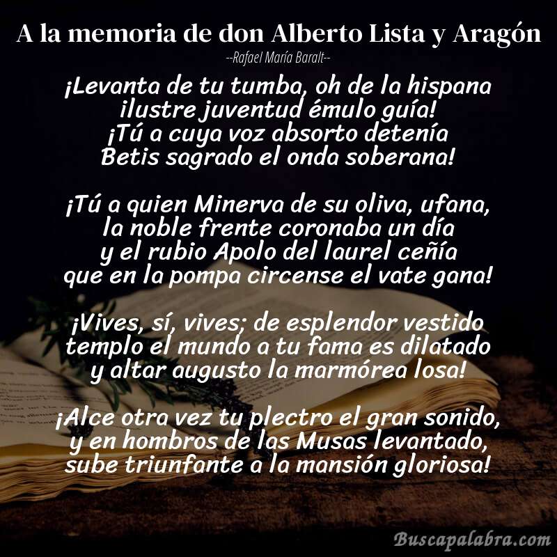 Poema A la memoria de don Alberto Lista y Aragón de Rafael María Baralt con fondo de libro