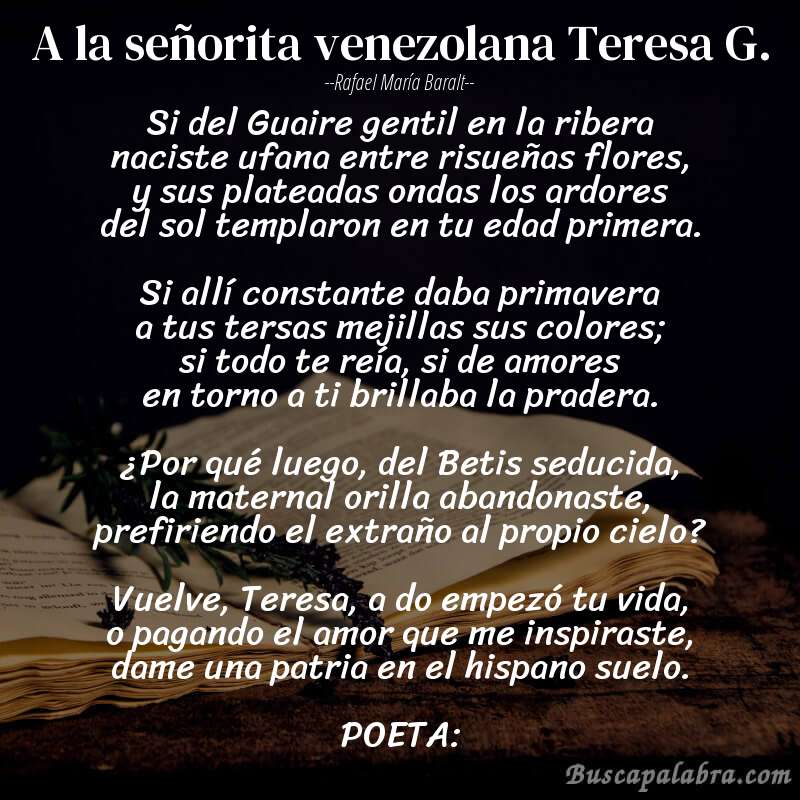 Poema A la señorita venezolana Teresa G. de Rafael María Baralt con fondo de libro