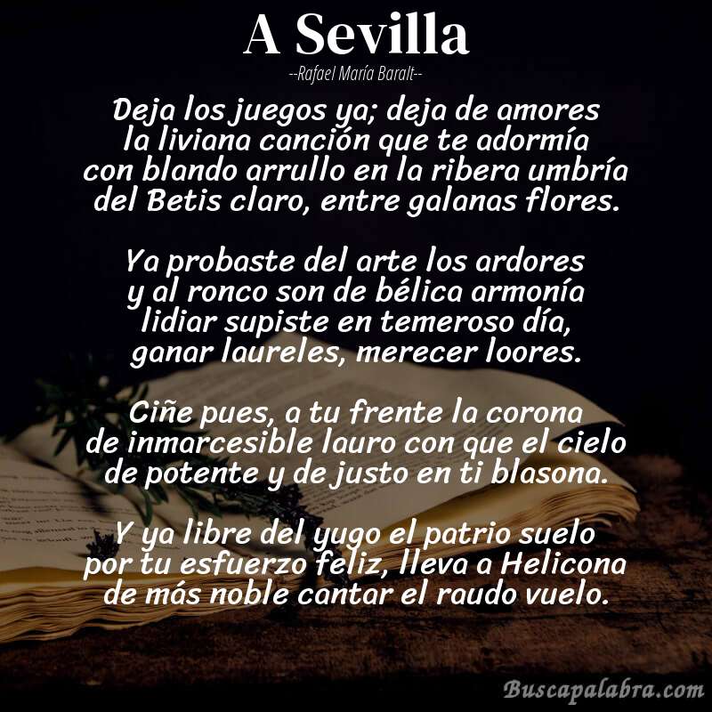 Poema A Sevilla de Rafael María Baralt con fondo de libro