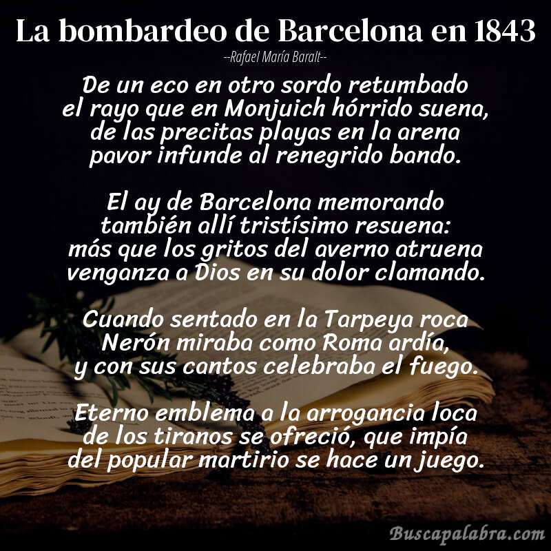 Poema La bombardeo de Barcelona en 1843 de Rafael María Baralt con fondo de libro