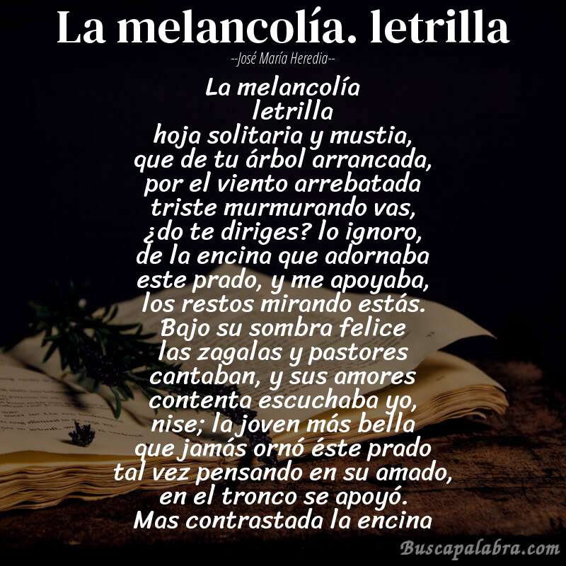 Poema la melancolía. letrilla de José María Heredia con fondo de libro
