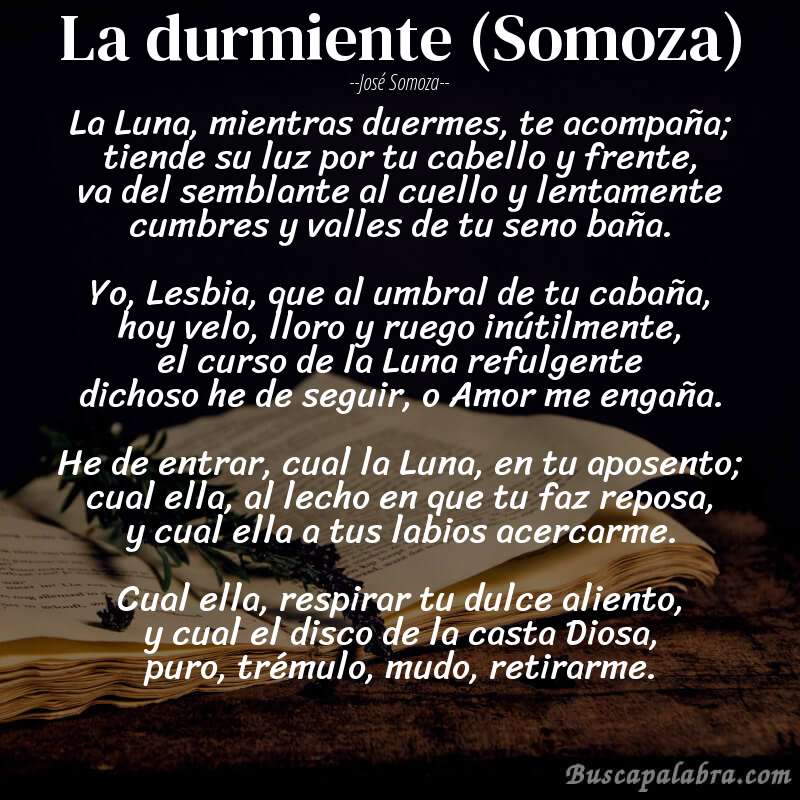Poema La durmiente (Somoza) de José Somoza con fondo de libro