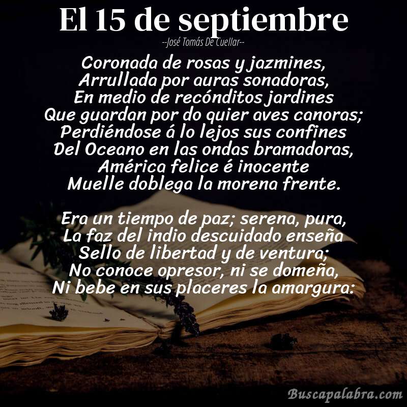Poema El 15 de septiembre de José Tomás de Cuellar con fondo de libro