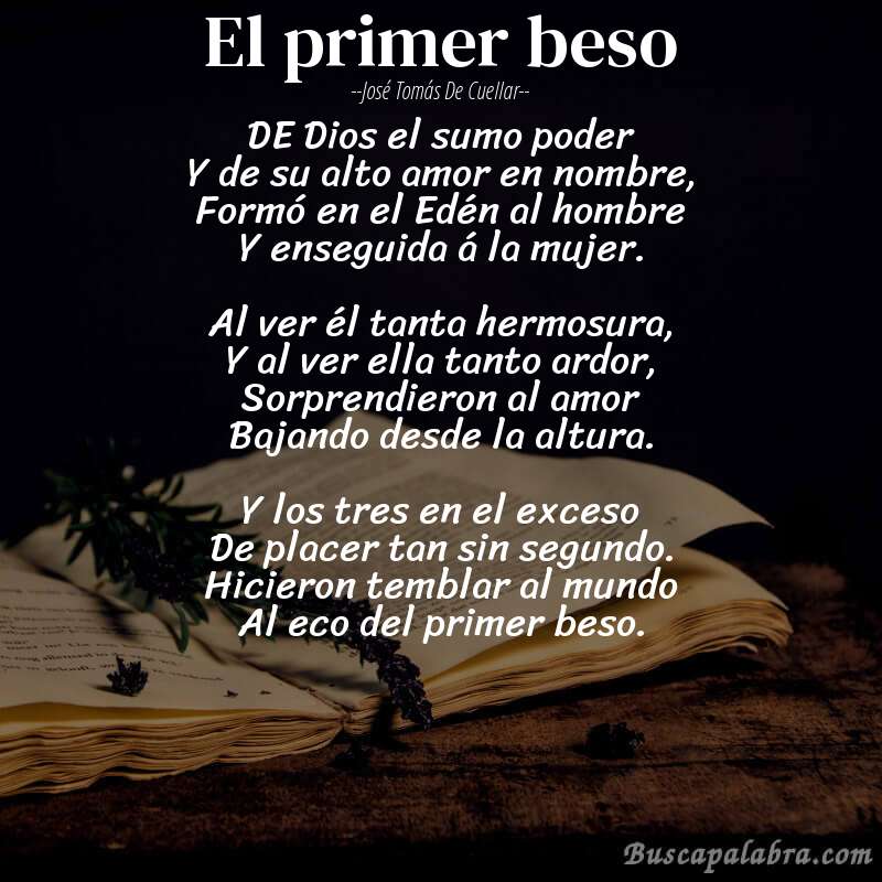 Poema El primer beso de José Tomás de Cuellar con fondo de libro