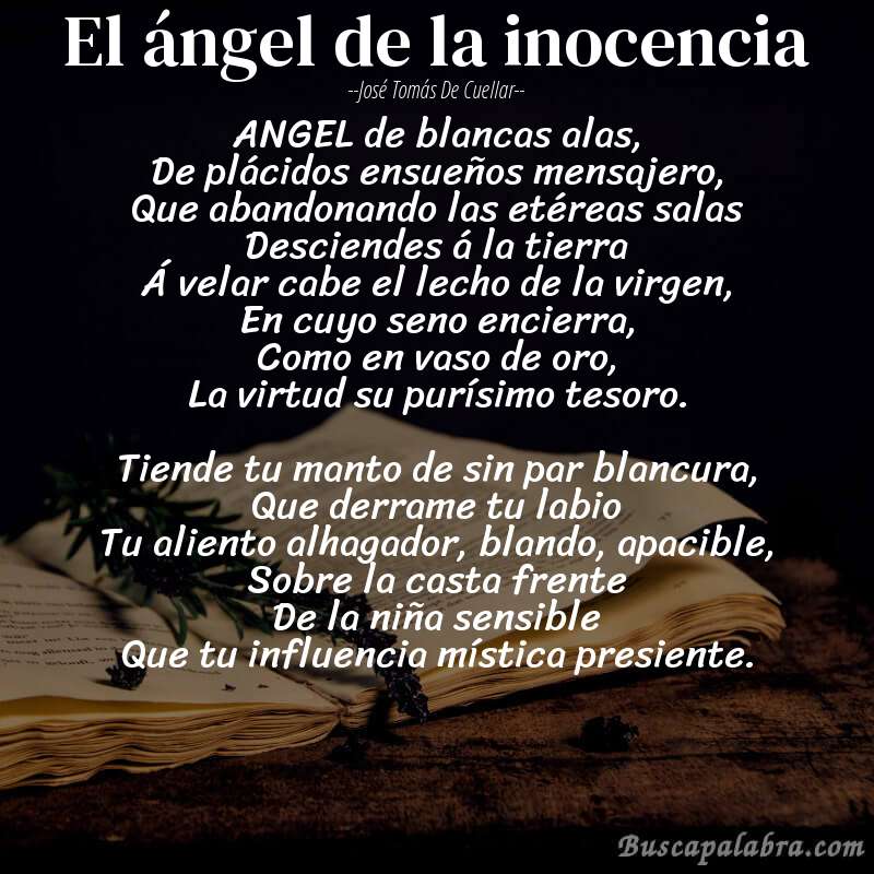 Poema El ángel de la inocencia de José Tomás de Cuellar con fondo de libro
