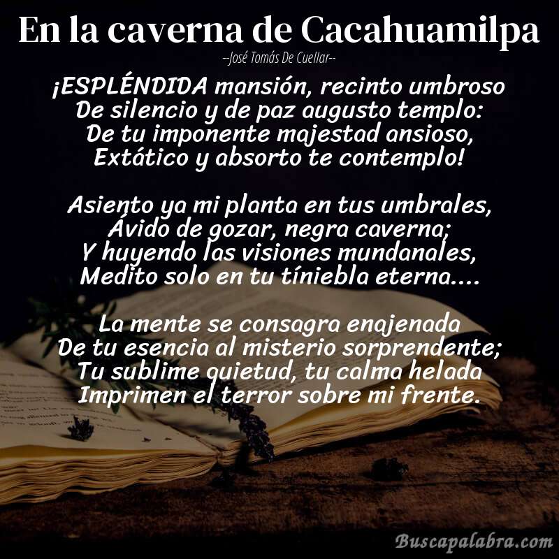 Poema En la caverna de Cacahuamilpa de José Tomás de Cuellar con fondo de libro