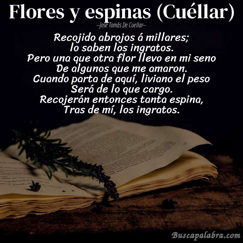 Poema Flores y espinas (Cuéllar) de José Tomás de Cuellar con fondo de libro