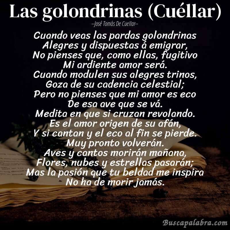 Poema Las golondrinas (Cuéllar) de José Tomás de Cuellar con fondo de libro