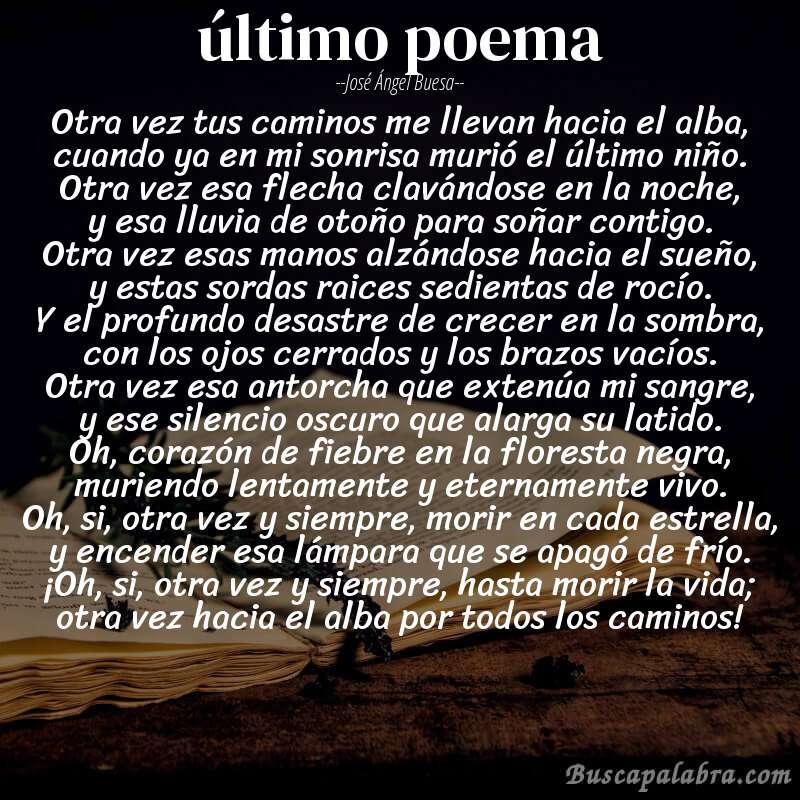Poema último poema de José Ángel Buesa con fondo de libro
